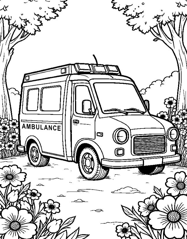 Ambulance surrounded by flowers coloring page